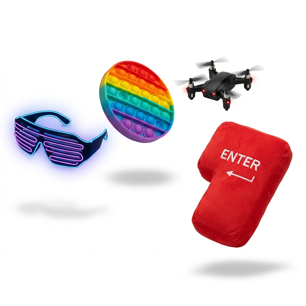 TrendTrove novelty toys: LED glasses, pop-it, mini drone, Enter key pillow