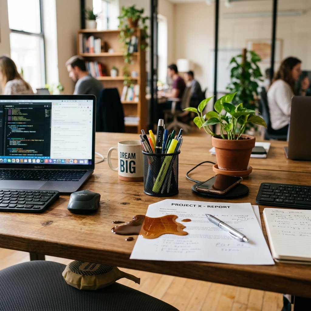 Office desk with cleverly placed prank items including a fake coffee spill and a shocking pen