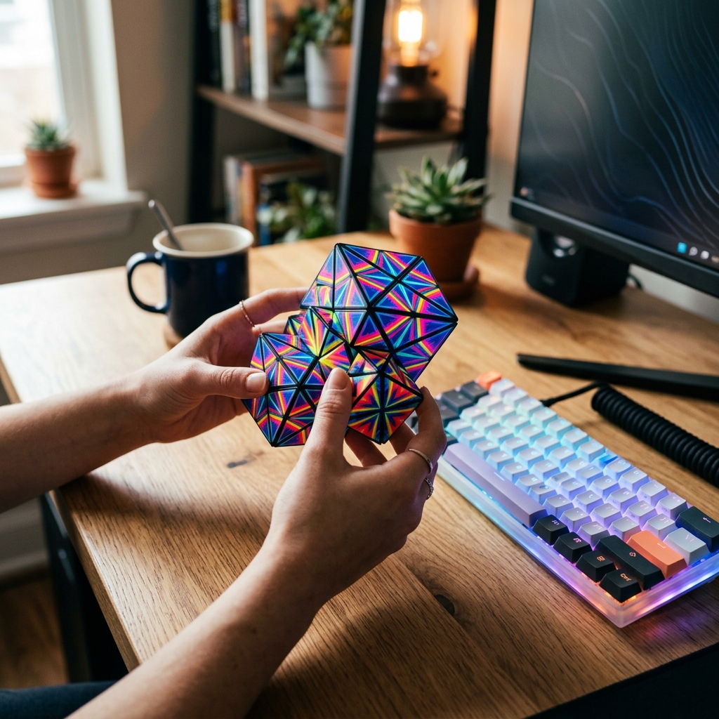 Hands manipulating vibrant neon magnetic shape-shifting geometric cubes on a modern desk