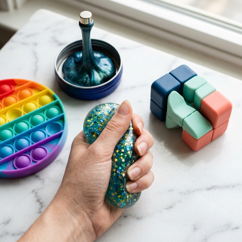 Close-up of colorful sensory and fidget toys including a pop-it, stress ball, magnetic putty, and infinity cube