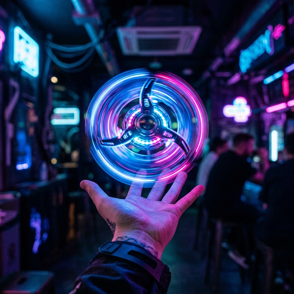A futuristic glowing flying spinner toy hovering mid-air above an open hand in a cyberpunk-lit room