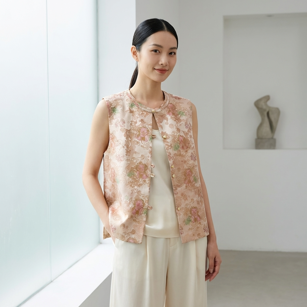 Luxe Orienta Chinese-Style Beige Floral Vest