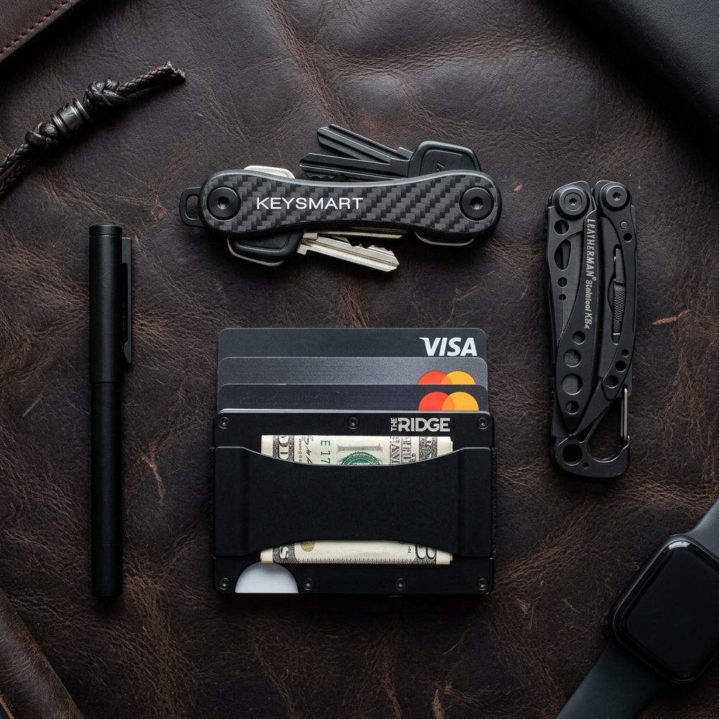 Everyday carry items flat-lay on dark leather background