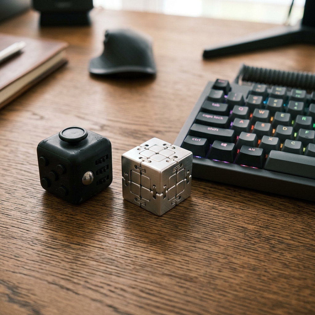Matte Black Fidget Cube and Metallic Silver Infinity Cube side-by-side