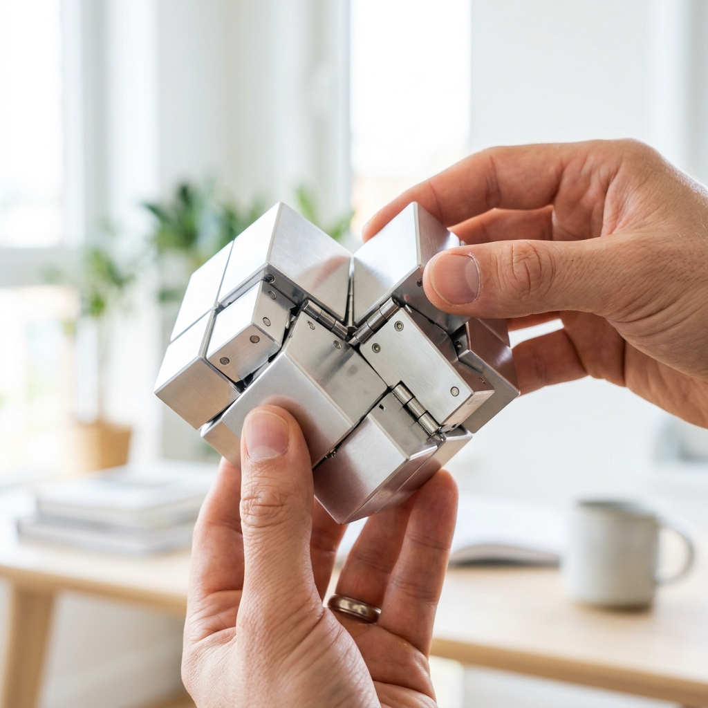 A macro view of a silver infinity cube being folded by hands