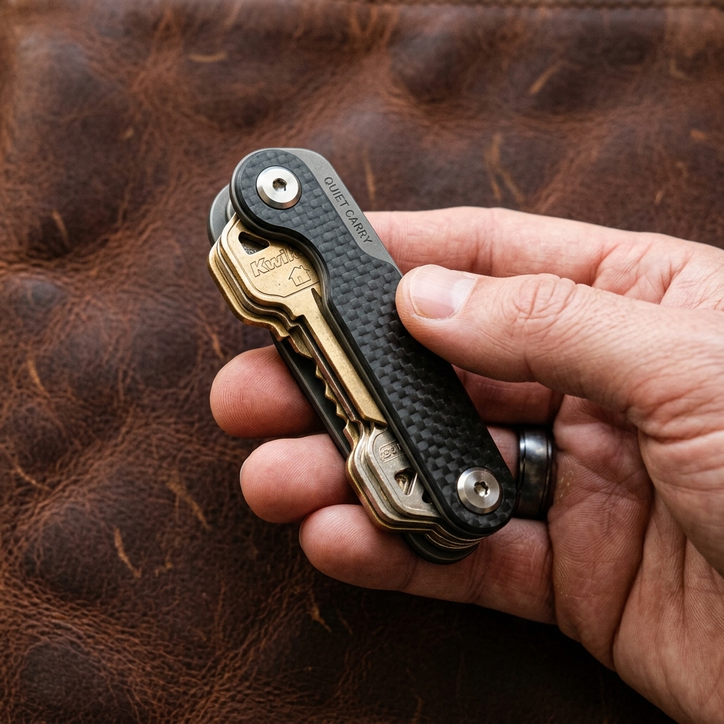 A hand holding a carbon fiber key organizer