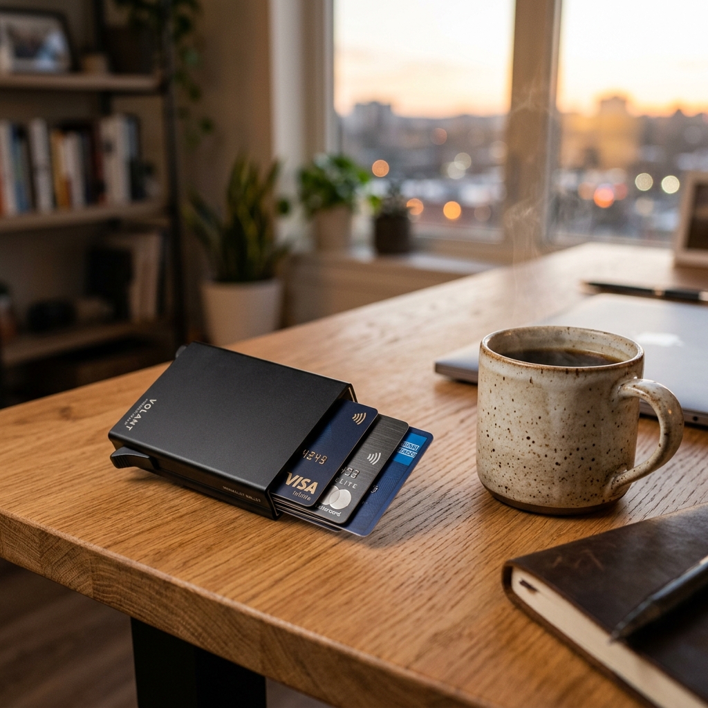 A minimalist black metal wallet on a desk next to a coffee cup