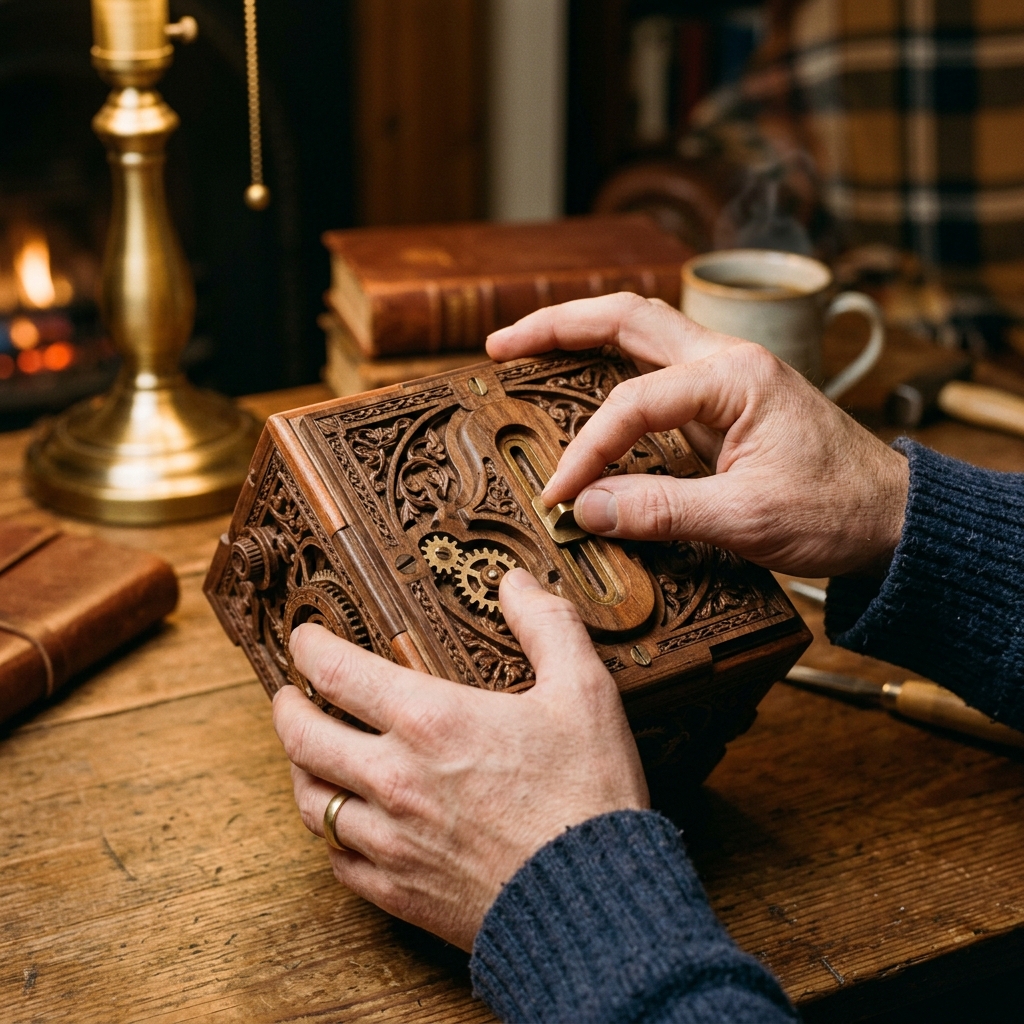 Hands solving a wooden mechanical puzzle box