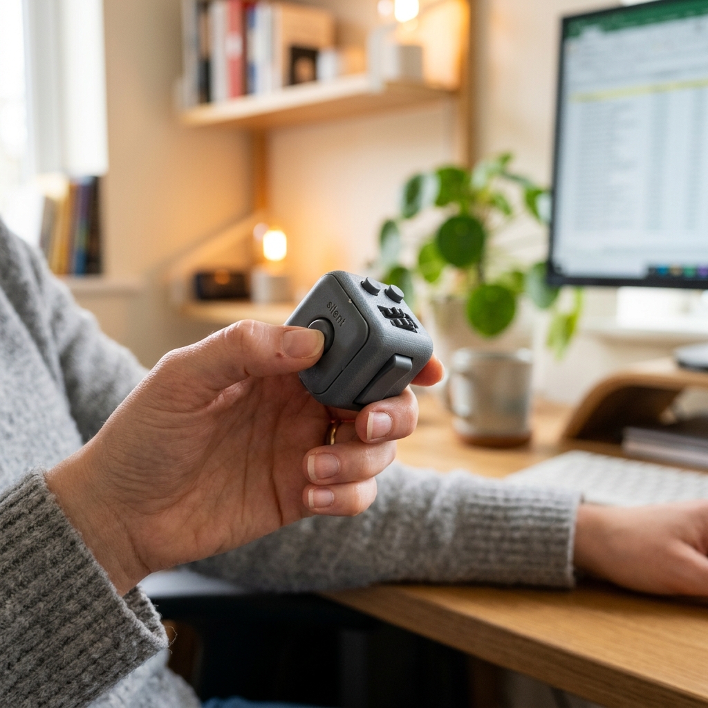 A close-up of a fidget toy cube on an office desk