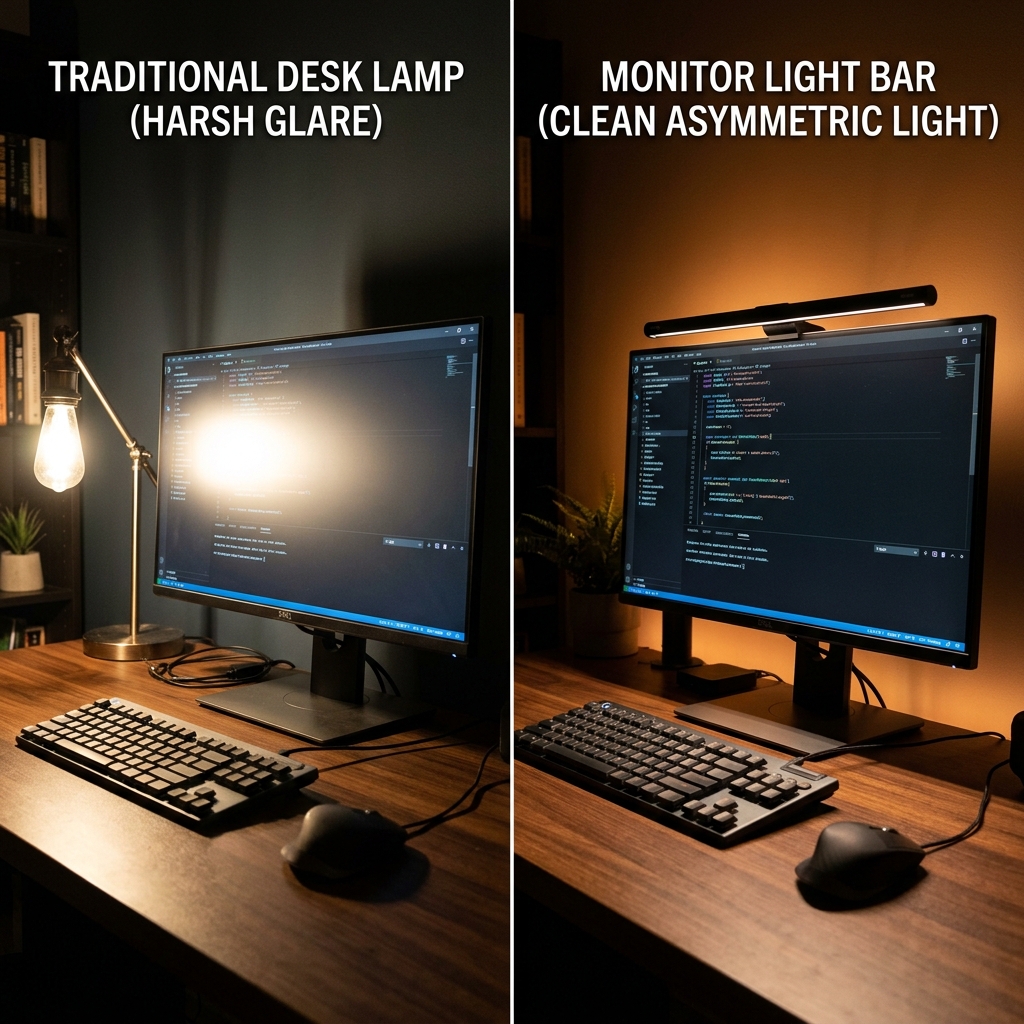 A modern desk workstation showing cable management and desktop accessories