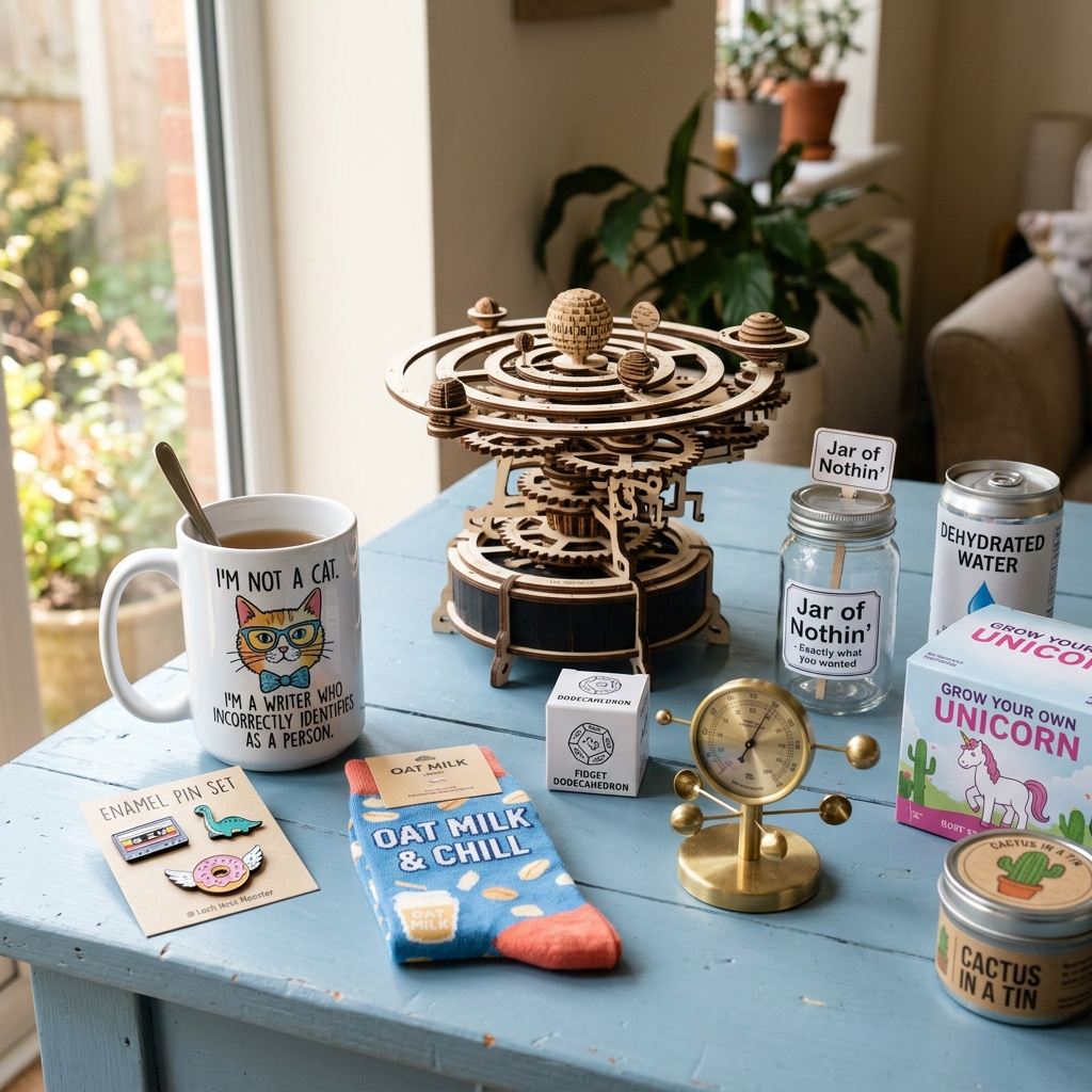 Quirky novelty gifts arranged on a pastel blue table