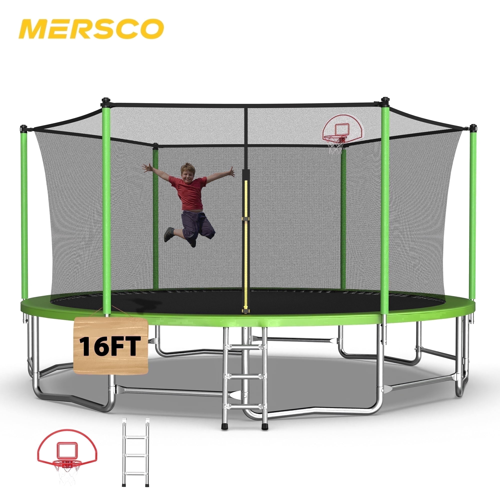 Mersco 16FT Trampoline PLAY Heavy Duty Outdoor Trampoline for Kids, Backyard Trampoline with Safety Enclosure Net, Basketball Hoop and Ladder for Family Fun,Safe Internal Net Design