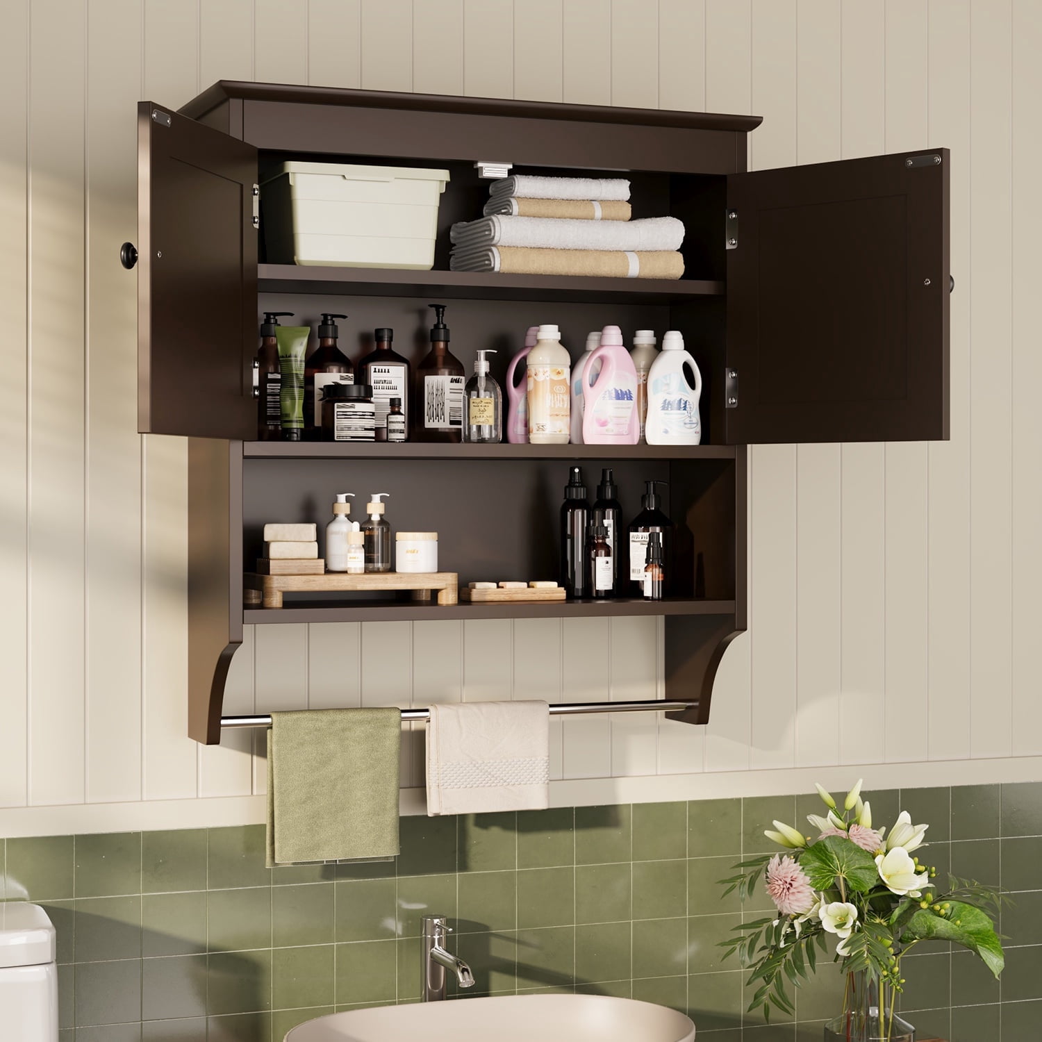 Bathroom Wall Cabinet, Over The Toilet Storage Cabinet with Towels Bar for Bathroom| Laundry Room, Brown