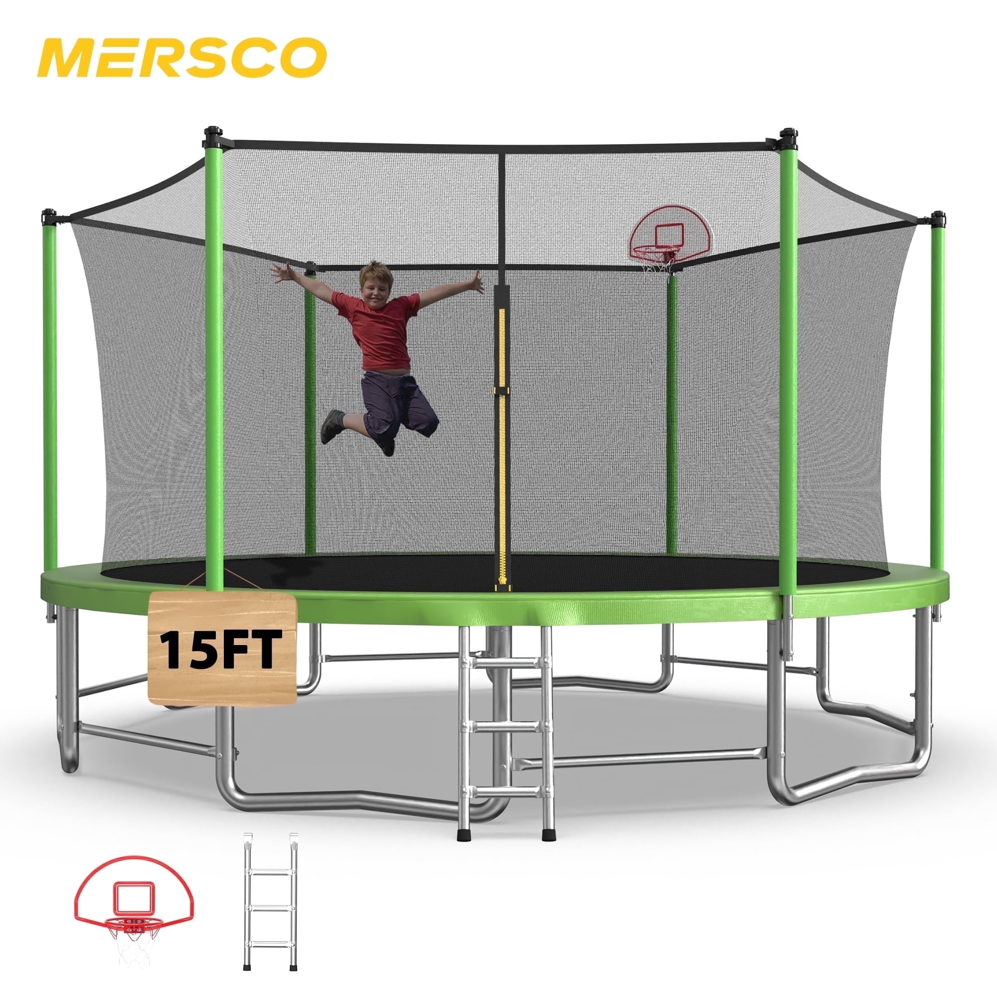 Mersco 15ft Trampoline for Kids and Adults,Outdoor Trampoline with Enclosure,Basketball Hoop and Ladder,Upright-Poled Backyard Trampoline,Jumping Trampoline PLAY for Boys and Girl Birthday 
