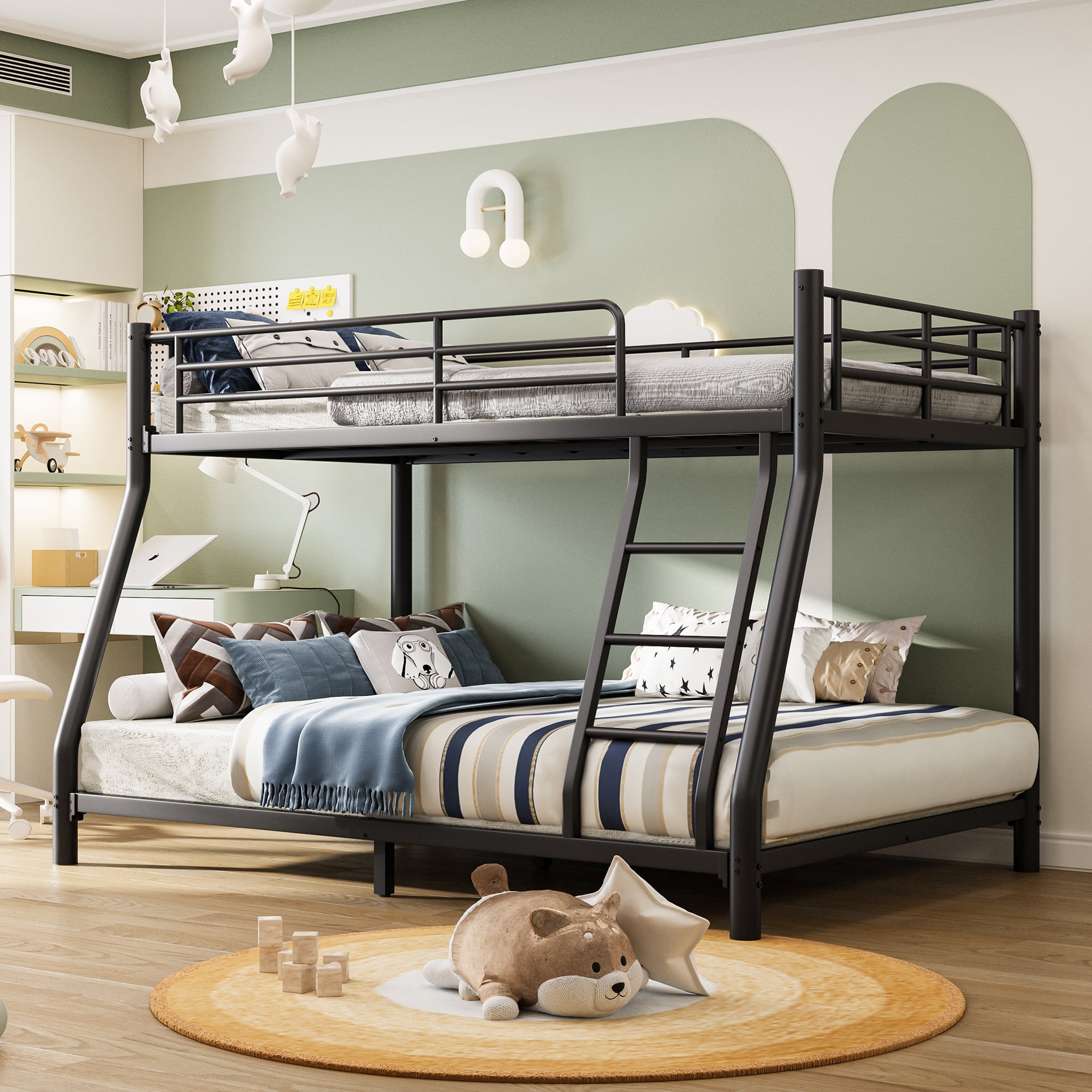 Netrum Twin over Full Metal Low Bunk Bed with Stairs, Safety Rail and Steel Slats, Space-Saving Heavy Duty Bed Frame for Adults and Teens, No Box Spring Needed, Black
