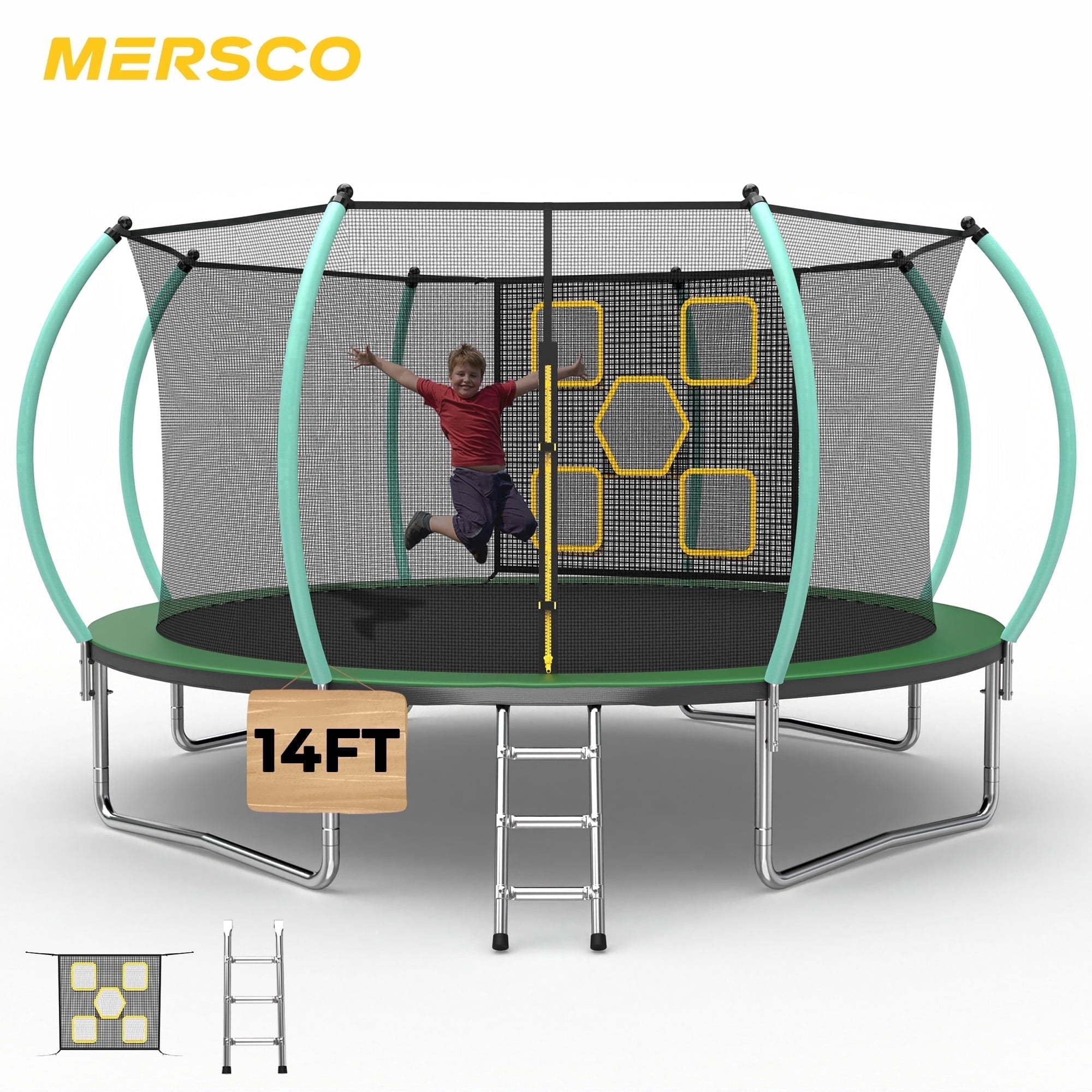 Mersco 12FT/14FT Trampoline for Kids with Mulifunctional Target Cloth,Outdoor Recreational Trampolines with Enclosure Net, Ladder for family Fun,Jumping Trampoline SPACE for Birthday Gifts
