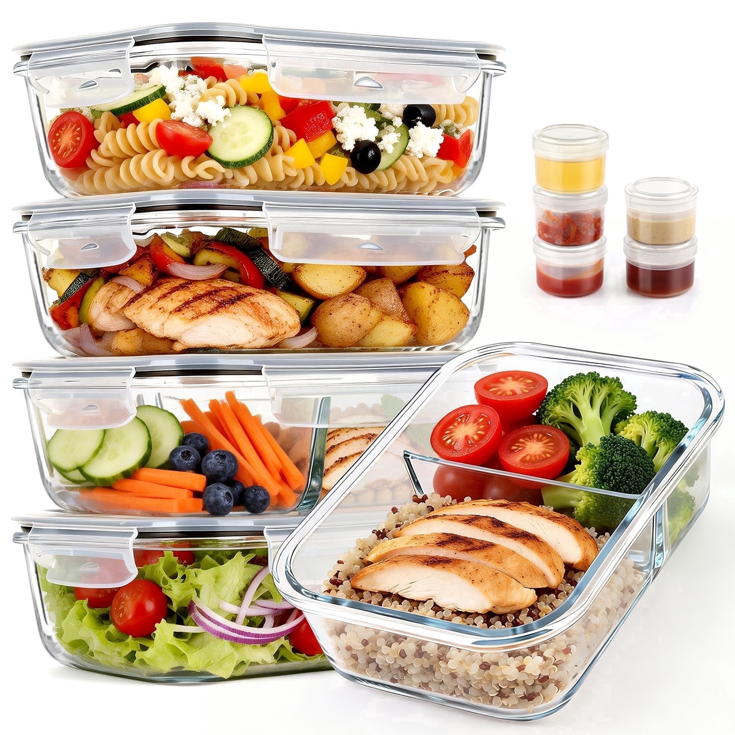 20 Pcs Glass Food Storage Containers with Lids 35oz, 1 and 2 Compartment Glass Airtight Meal Prep Containers with Sauce Containers(10 Containers and 10 Lids), Oven and Freezer Safe, Leak Proof, G