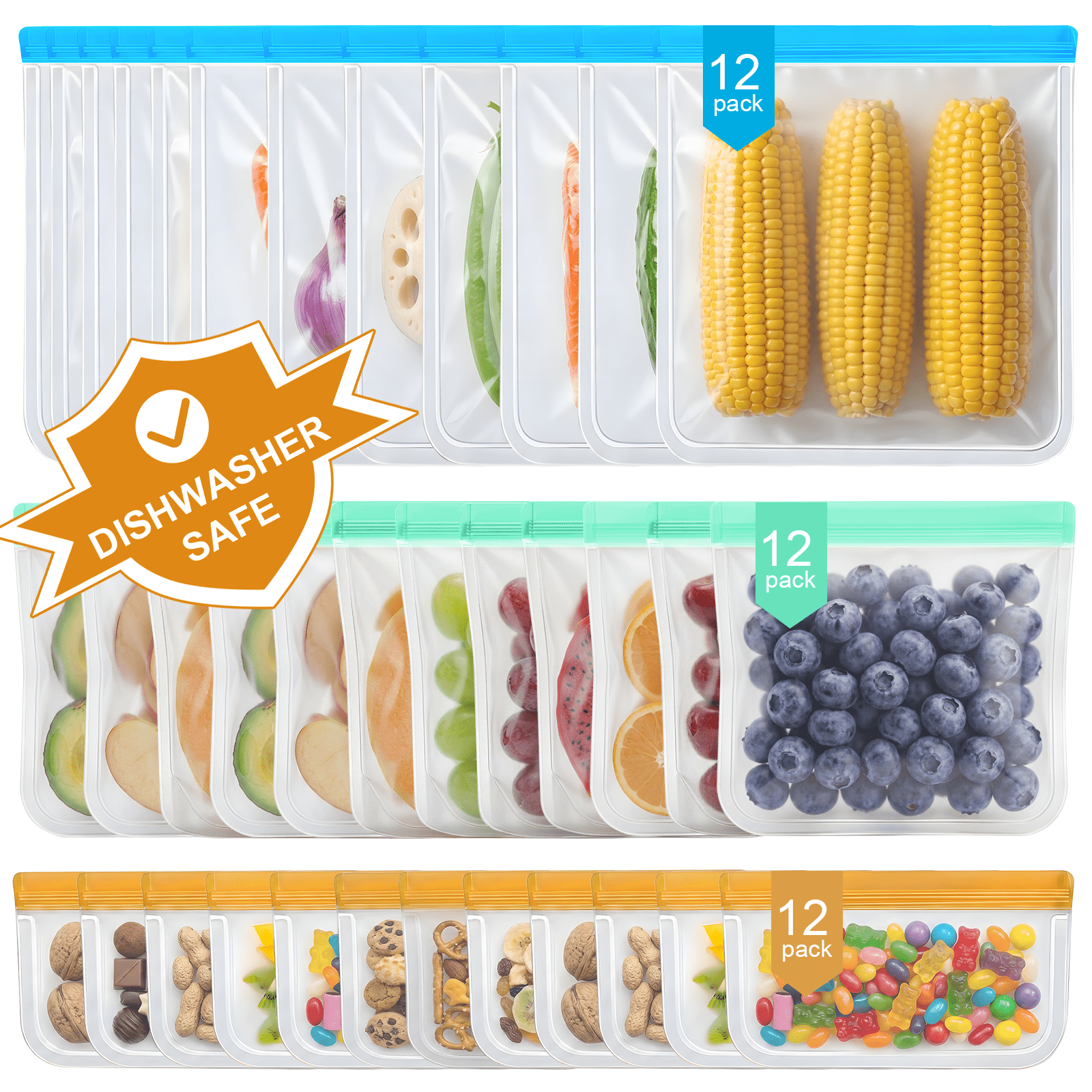 36 Pack Reusable Food Storage Bags, Silicone Bags for Food Storage, Leakproof Airtight, BPA Free, Freezer Safe, 3 Sizes Reusable Freezer Bags for Meal Prep, Snacks, Fridge, Travel