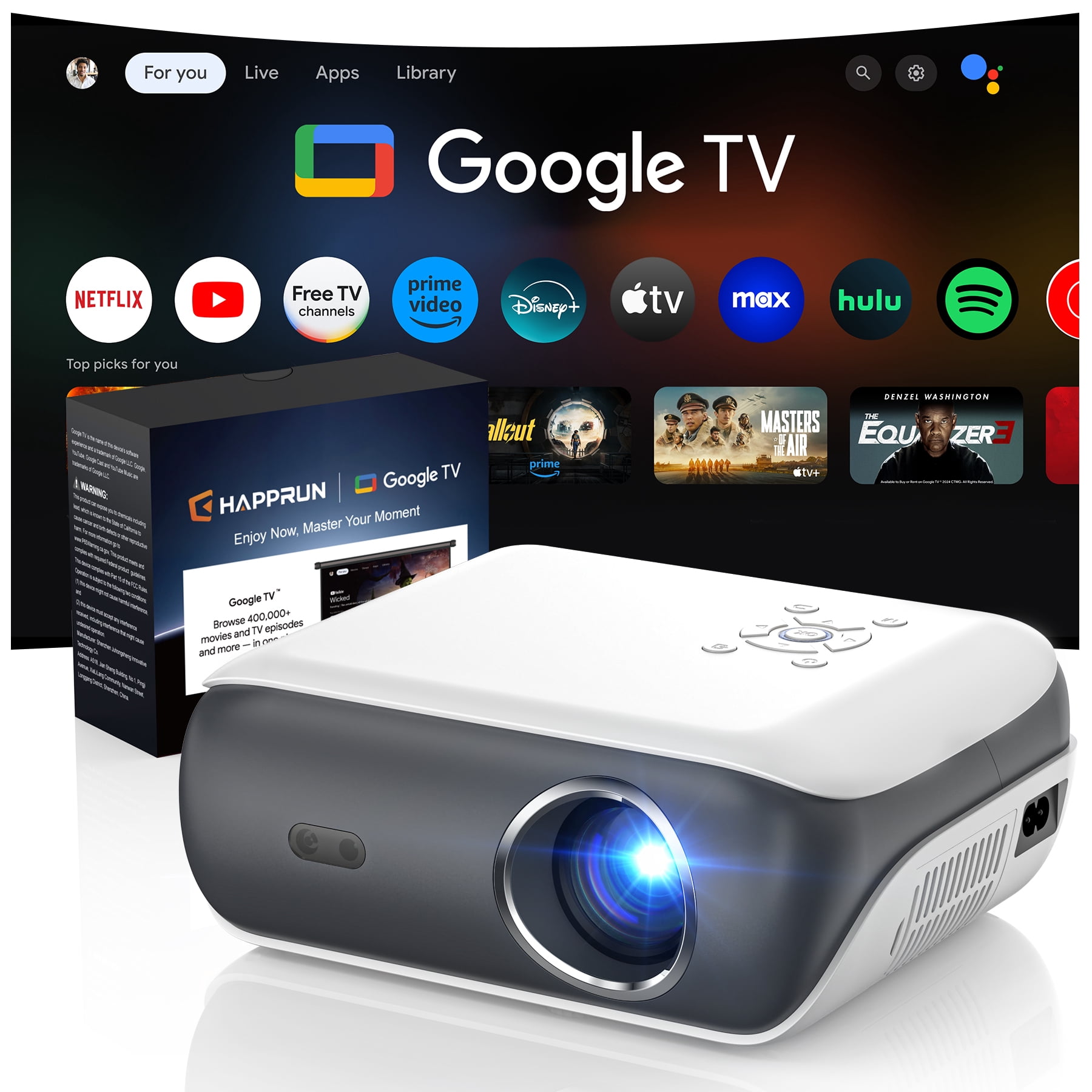 HAPPRUN Official Licensed Google TV Projector, 4K Smart Projector with WiFi and Bluetooth, Outdoor Movie Projector with Dolby Sound, Built-in Streaming Apps, Compatible with Game Consoles and S