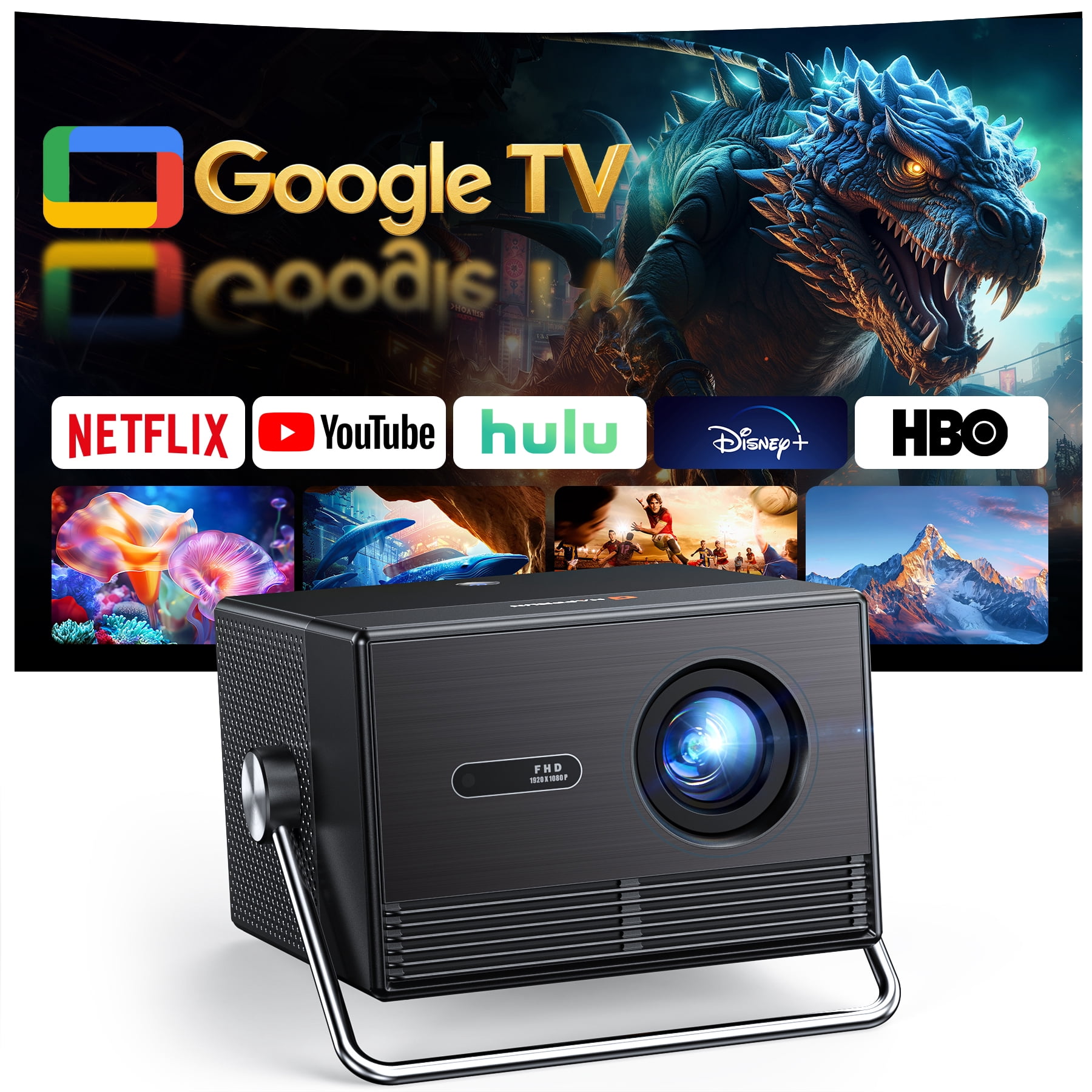 HAPPRUN Official Licensed Google TV Projector with WiFi and Bluetooth, Supported 4K Smart Projector with Dolby Audio, Auto Focus and Keystone, Built-in Streaming Apps, 2000 ANSI Lumens Movie