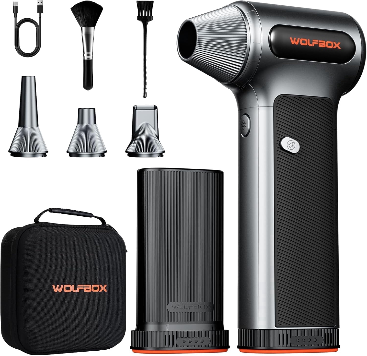 WOLFBOX Electric Air Duster with Dual Batteries and Case, High-Pressure Compressed Air Duster for PC, Car Cleaning and Home Use
