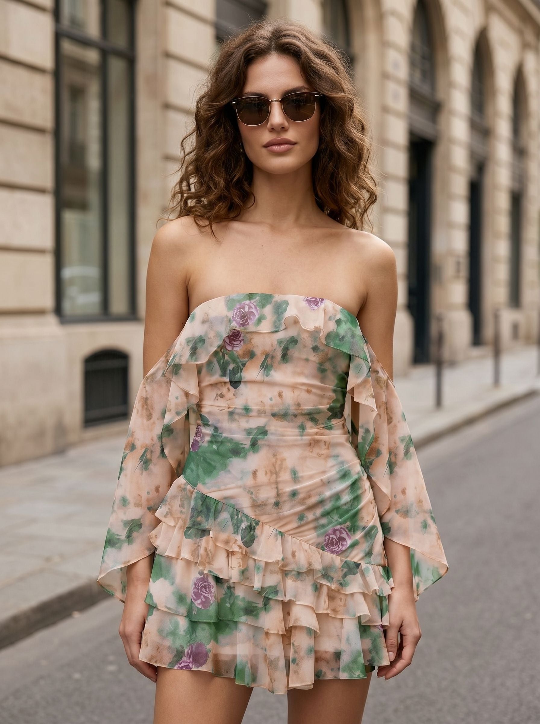 Floral Ruffled Off Shoulder Mini Dress